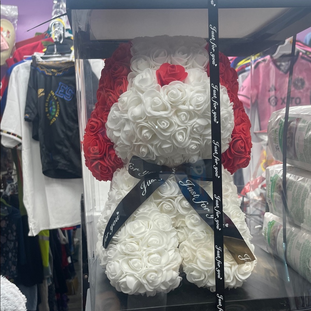 Rose Teddy Bear with Red and White Roses